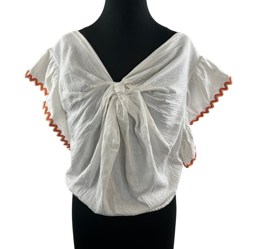 Line And Dot White Orange Top Linen Knotted Front Ruffle Sleeve Size Large L NEW
